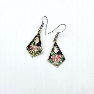 Vintage‎ Flower Cloisonne Earrings Black Gold Floral Dangle Earrings
